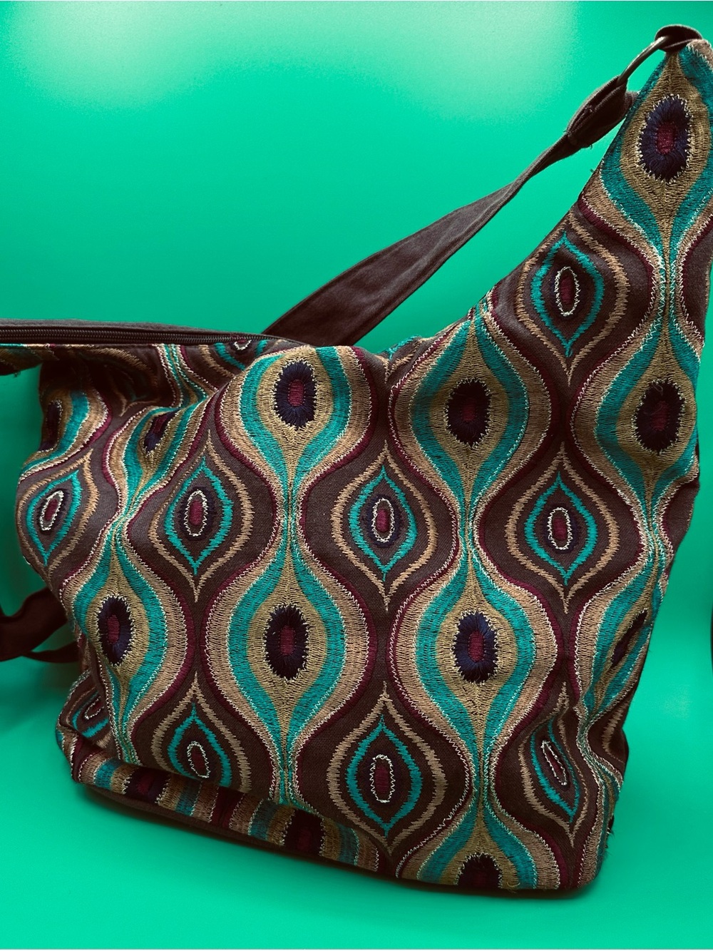 Art Nouveau Peacock Embroidered Slouchy Bag Boho Chic Hobo Purse Teal Brown